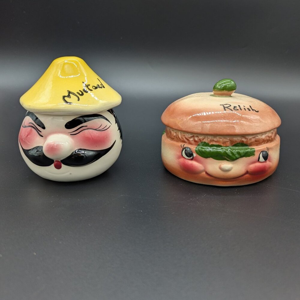 Vintage Two DeForest Condiment Jars Relish And Mustard Small Chip Crazing